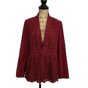 Chicos Womens sz 1 US 8 Blazer Cardigan Red Floral Lace Long Sleeve Peplum